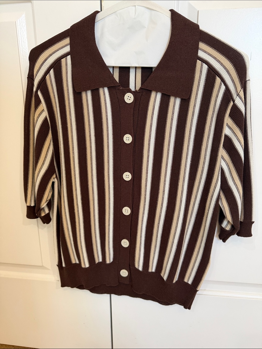 Zara Brown, Cream & Tan Striped Short-Sleeve Cardigan